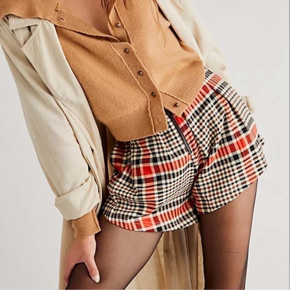 Free People Mayfair Plaid Zip Front Shorts Orange Black Size 6